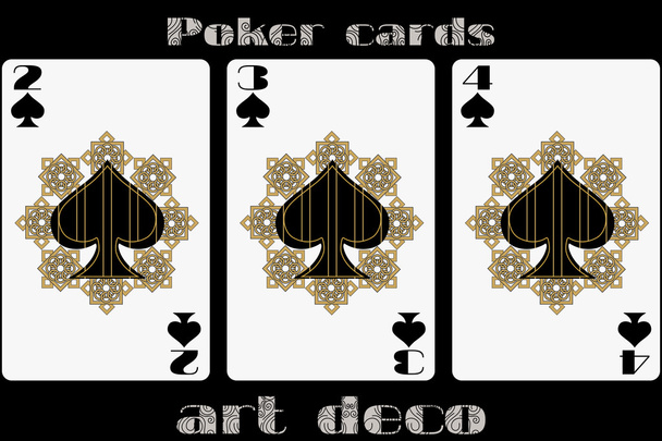 Poker carte à jouer. Deux bêches. Trois bêches. 4 pique. Cartes de poker dans le style art déco. Carte de taille standard
. - Vecteur, image