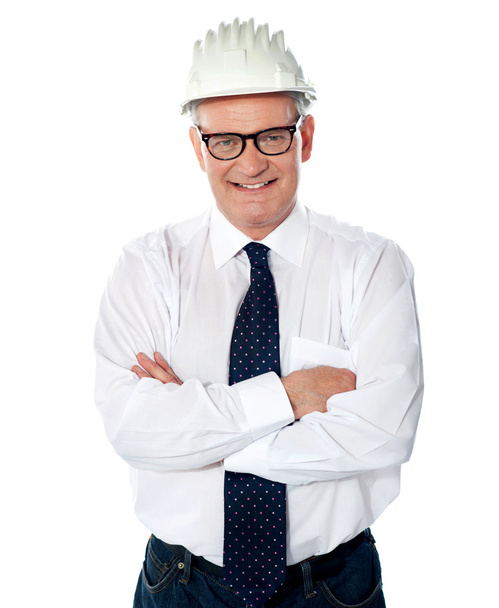 Portrait of happy senior foreman with hard hat - Zdjęcie, obraz