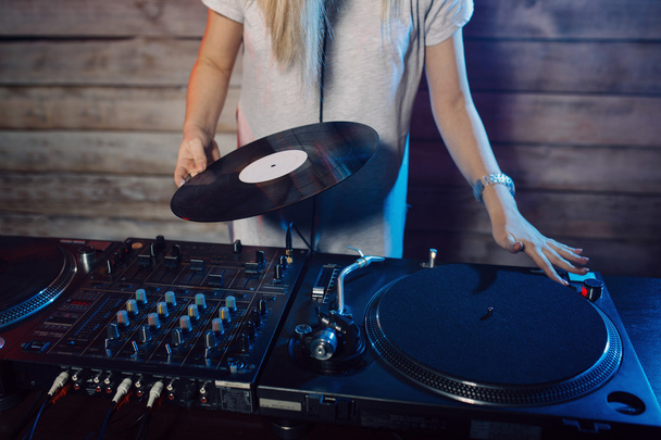 Cute dj woman having fun playing music at club party - Foto, Imagen