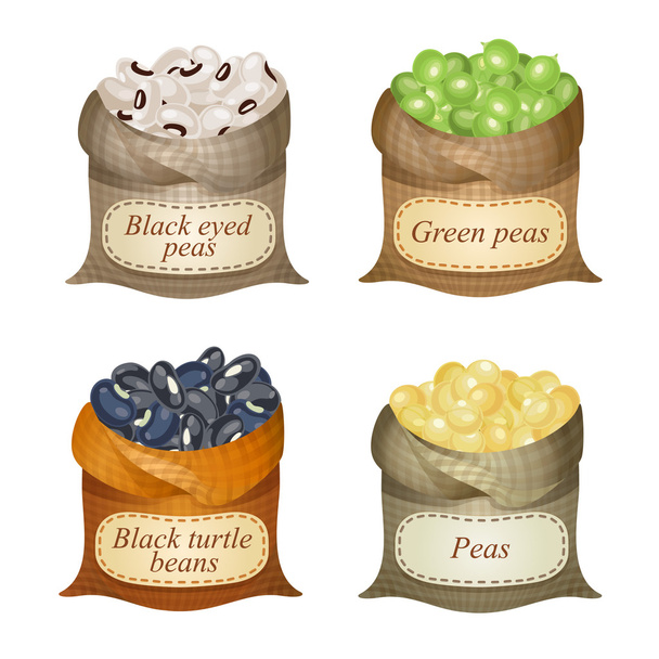 豆、エンドウ豆、それらのラベルの 4 つのアンタイド袋 - ベクター画像