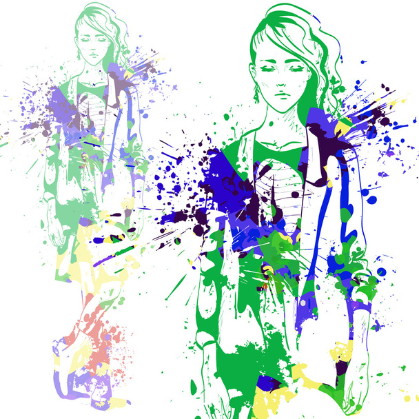 fashion look girl with color splashes - Vector, Image