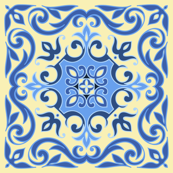 Hand drawing tile pattern in  blue and yellow colors. Italian majolica style. - Vector, Image
