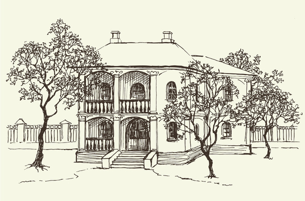 Sketch drawing of the old house among the orchard - Vector, Image