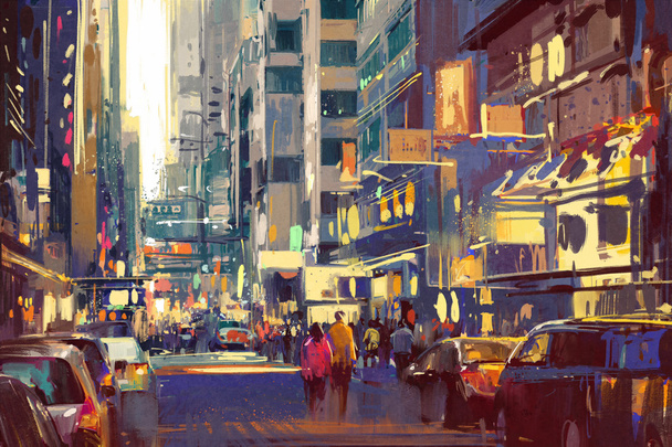people walking on city street,cityscape illustration - Photo, Image