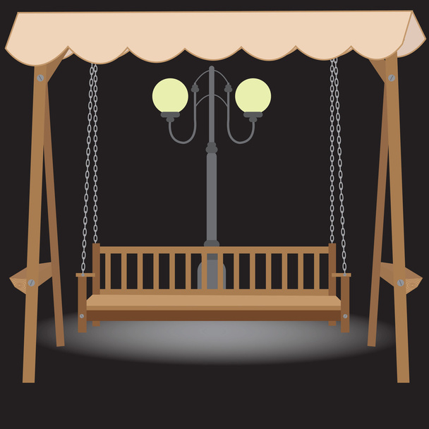 wooden bench swing with a roof made of cloth suspended on chains - Vector, Image