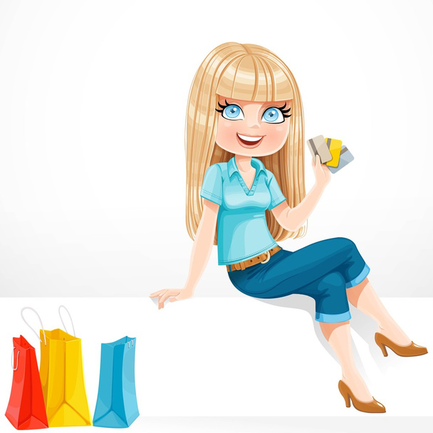 Beautiful blond girl sit on a white banner with credit cards and - Vector, afbeelding