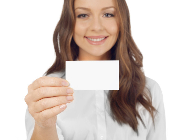 Cheerful woman with business card - Photo, Image