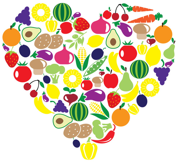 Zöldség és gyümölcs a szív - Vektor, kép