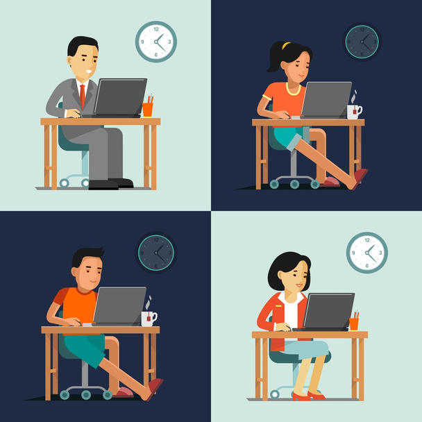 Computer internet work concept with people in office and home - Vector, Image