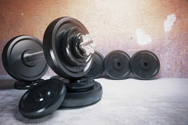 Dumbbell and row of plates - 写真・画像