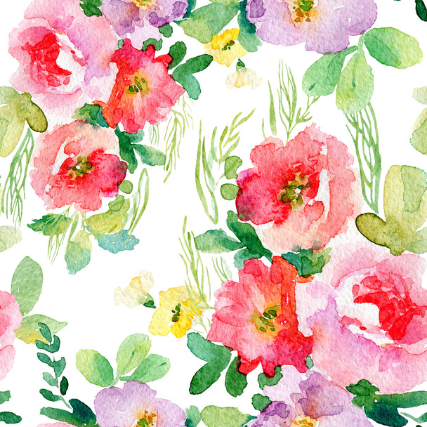 Watercolor seamless pattern with simple colorful flowers. - Photo, Image
