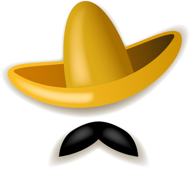 Illustration of yellow sombrero and black mustache isolated on white background. - Vector, Image