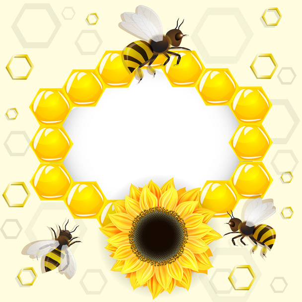 Подсолнухи и пчелы на фоне медовых сот
 - Фото, изображение