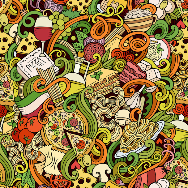 Cartoon hand-drawn doodles of italian cuisine seamless pattern - Vector, Image