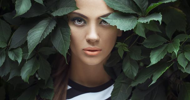 Сексуальная красавица с коралловыми губами. Провокационный зеленый макияж. Роскошная женщина с зелеными глазами. Мода Брюнетка Портрет в диких листьях (виноград), природный фон. Великолепное женское лицо. Длинные волосы
 - Фото, изображение