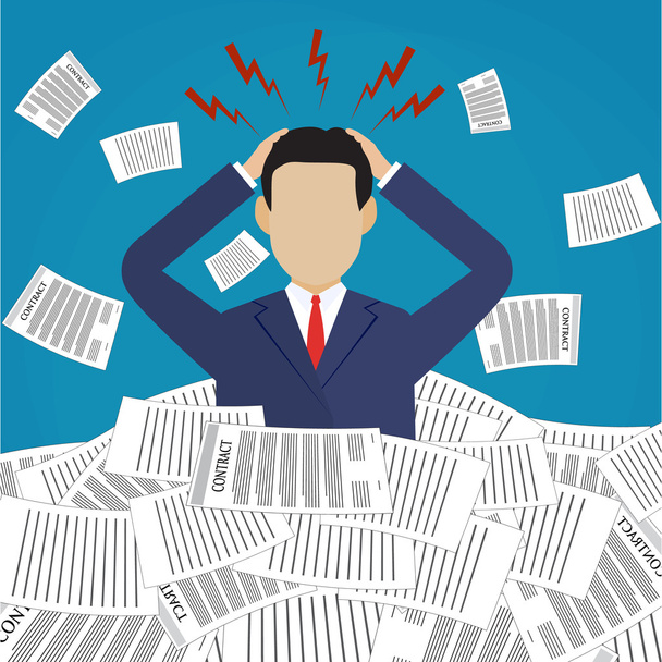 Stressed cartoon businessman in pile of papers - Vector, Image