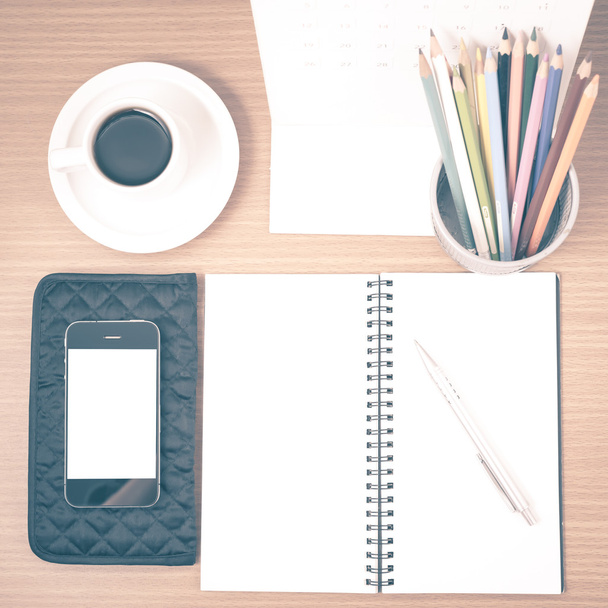 office desk : coffee with phone,wallet,calendar,color pencil box - Фото, изображение
