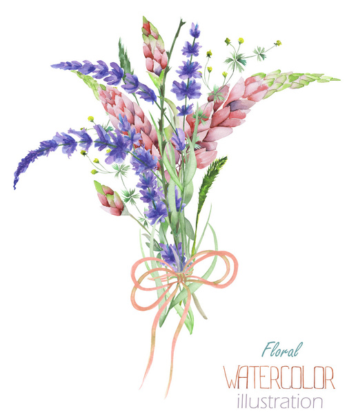 Illusztráció egy-egy csokor levendula, kézzel rajzolt egy akvarell és gyönyörű akvarell világos csillagfürt virág - Fotó, kép