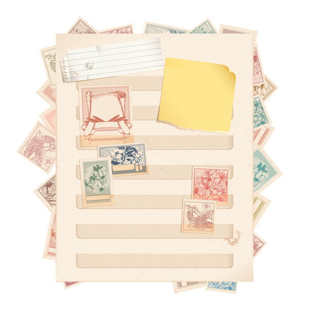 Stamp book page with stamps, paper and post-it - Vector, Image