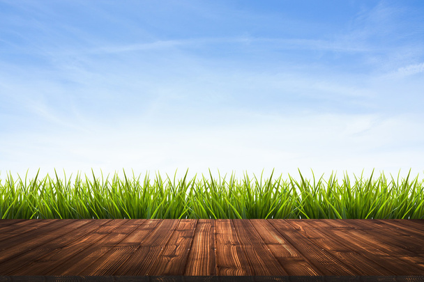 Wooden floor and grass under sky - Photo, Image