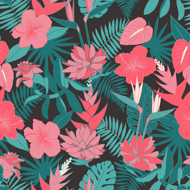 Seamless tropical jungle floral pattern - Vector, afbeelding