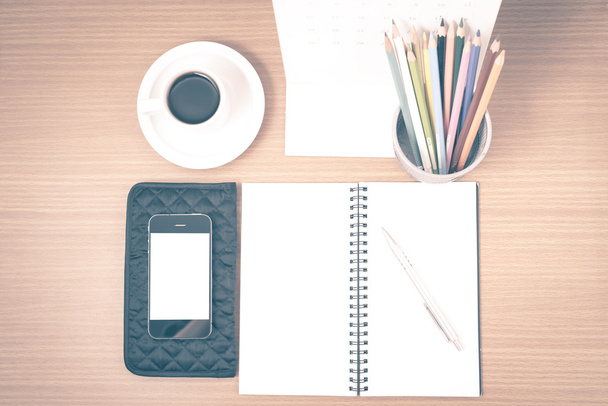office desk : coffee with phone,wallet,calendar,color pencil box - Фото, изображение