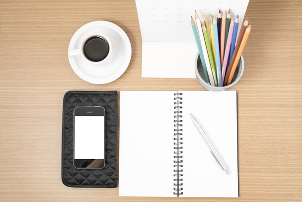 office desk : coffee with phone,wallet,calendar,color pencil box - Fotoğraf, Görsel
