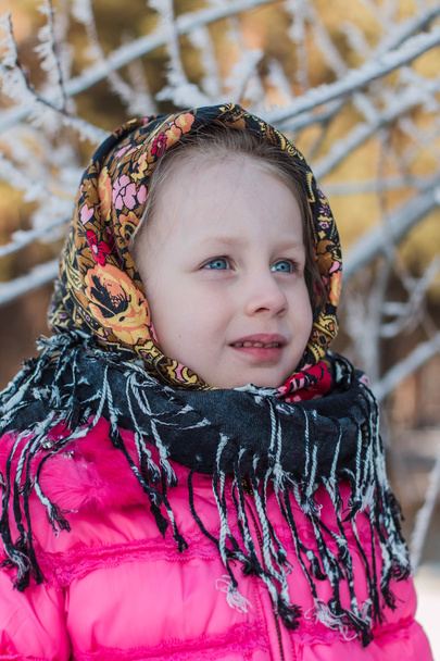 portrait of a girl in a scarf winter day Pavloposadskiye - Foto, Imagem