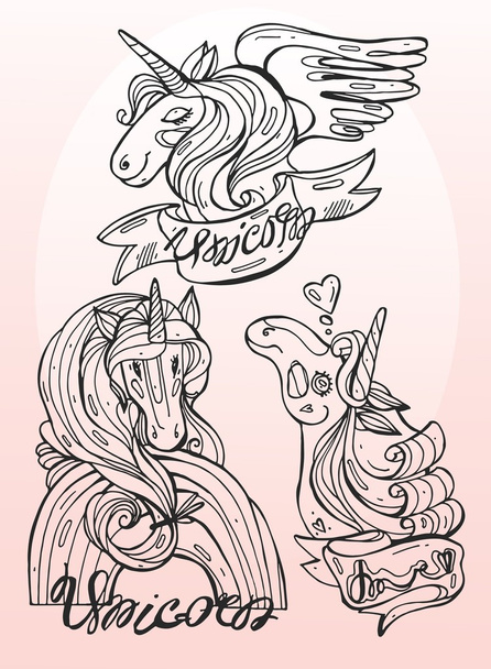 Colección de caballos de fantasía ambientada en diseño vectorial en blanco y negro, especialmente para que los niños o diseñadores la coloreen ellos mismos
 - Vector, Imagen