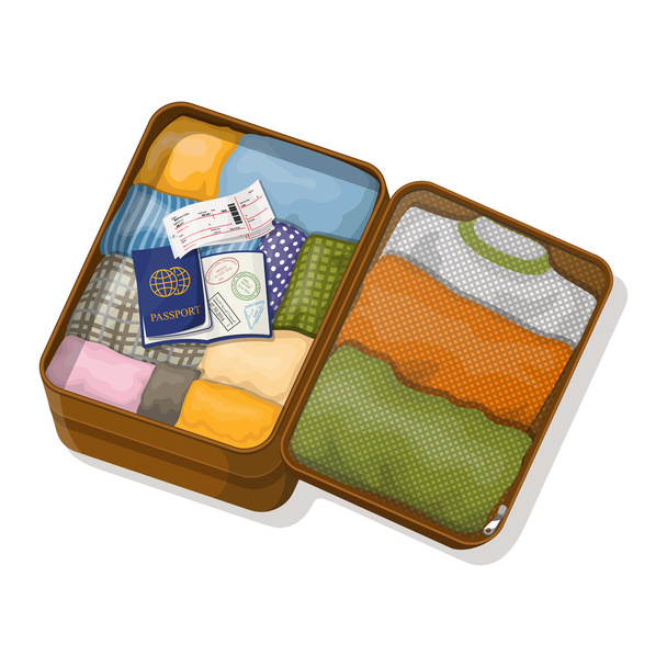 Offener Koffer mit Kleidung, Pässe mit Visa und Eintrittskarten. Vektorillustration - Vektor, Bild