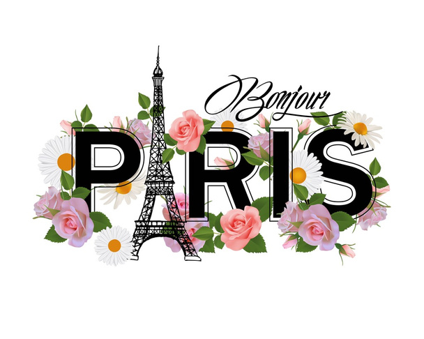 T-shirt print design with slogan Hello Paris, Eiffel tower, frame and pink roses. - Vektor, obrázek