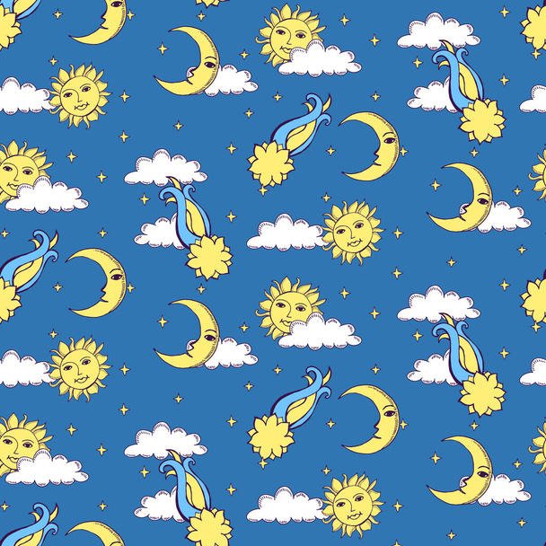 Seamless alchemy pattern with suns, moons, comets and clouds in  - Вектор,изображение