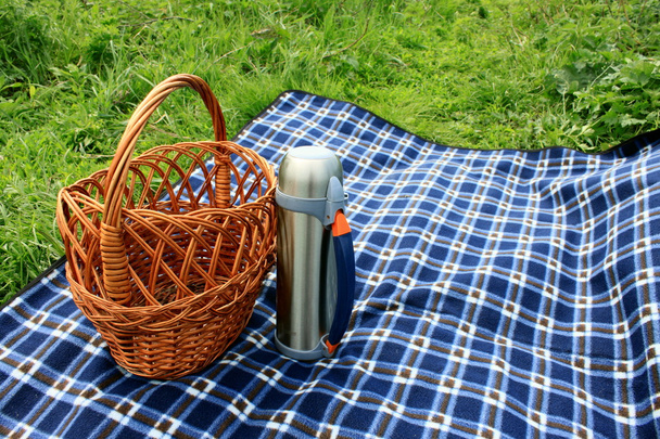 mand, thermoskannen en picknick deken - Foto, afbeelding