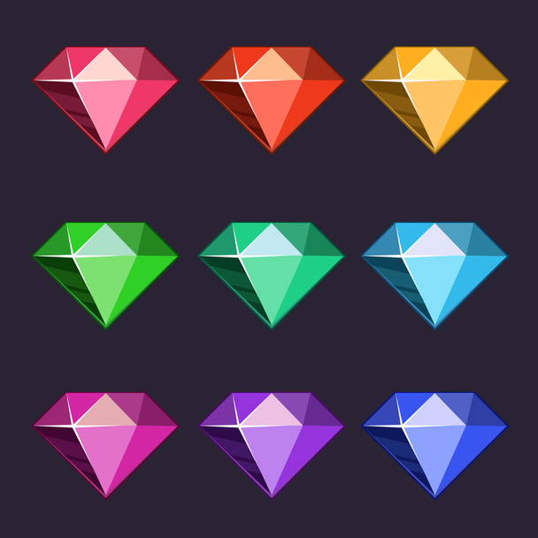 Cartoon vector diamonds icons set in different colors with different shapes - Vector, Image