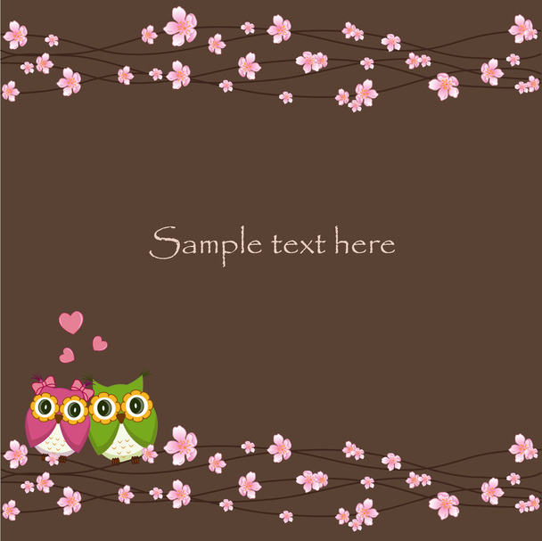 Two funny, love the owl sitting on a flowering branch - Vector, Image