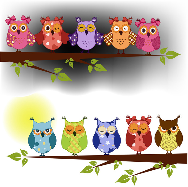 Family of owls sat on a tree branch at night and day - Vektor, Bild