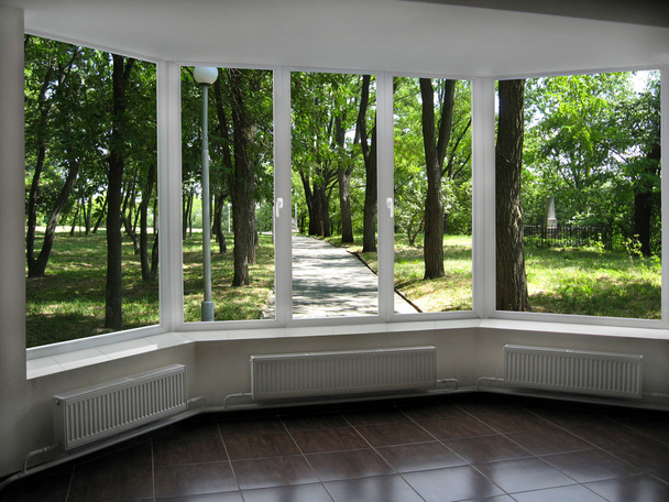 ventana con vista al parque de verano de la ciudad
 - Foto, Imagen
