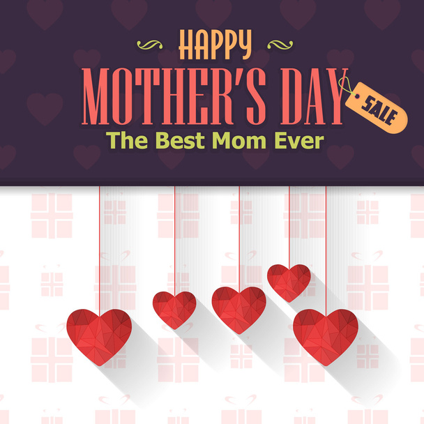 Happy Ημέρα της μητέρας θέμα πώληση Web Banner. Κρεμώντας στυλ καρδιά επίπεδη γεωμετρικά σύμβολα. Ανακοίνωση και γιορτή μήνυμα αφίσα, το Flyer πρότυπο - Διάνυσμα, εικόνα