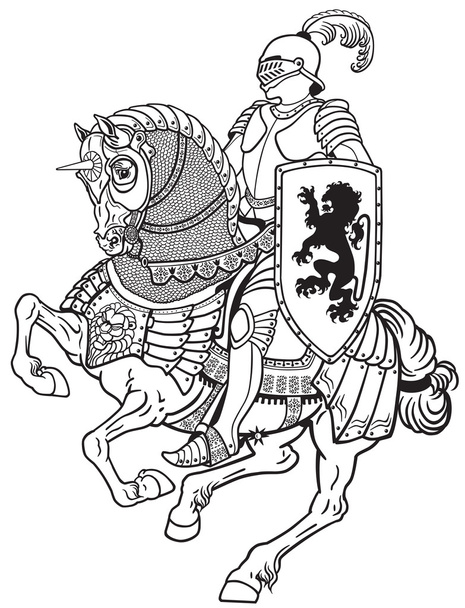 medieval knight on horse black white - Vector, Image