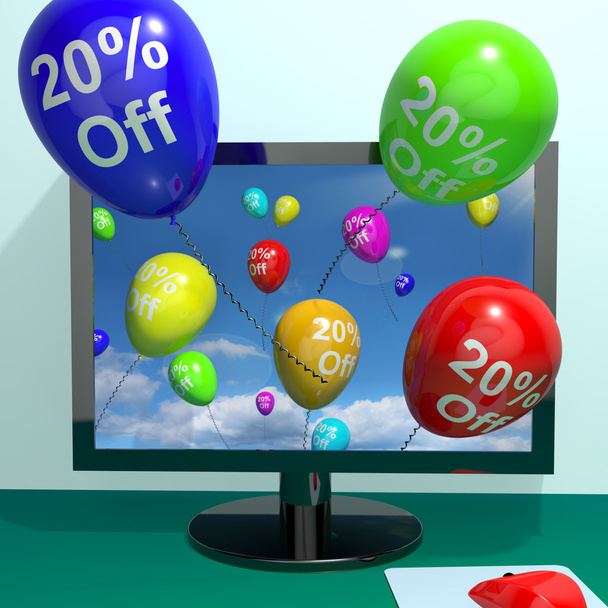 Globos de la computadora que muestra el descuento de la venta del veinte por ciento
 - Foto, imagen