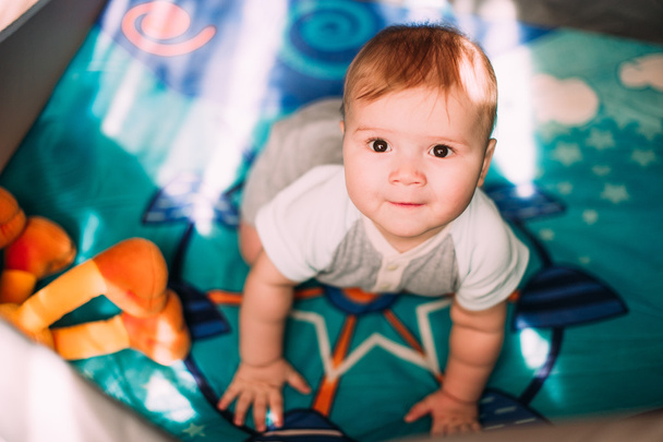 Χαριτωμένο μικρό αγόρι μωρό παίζει στο πολύχρωμο παρκοκρέβατο, σε εσωτερικούς χώρους. Όμορφο παιδί να διασκεδάζουν στο νηπιαγωγείο. - Φωτογραφία, εικόνα