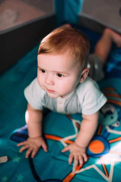 Cute little baby boy playing in colorful playpen, indoors. Beautiful child having fun at nursery. - Valokuva, kuva