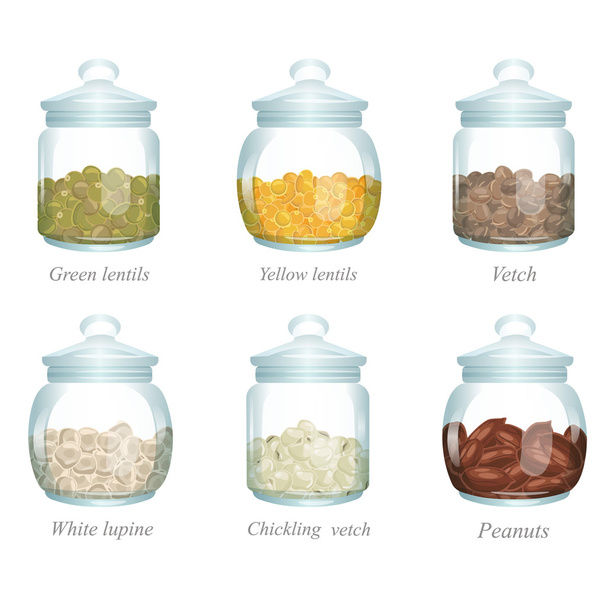 Six glass jars with beans and peas in them - Vector, Image