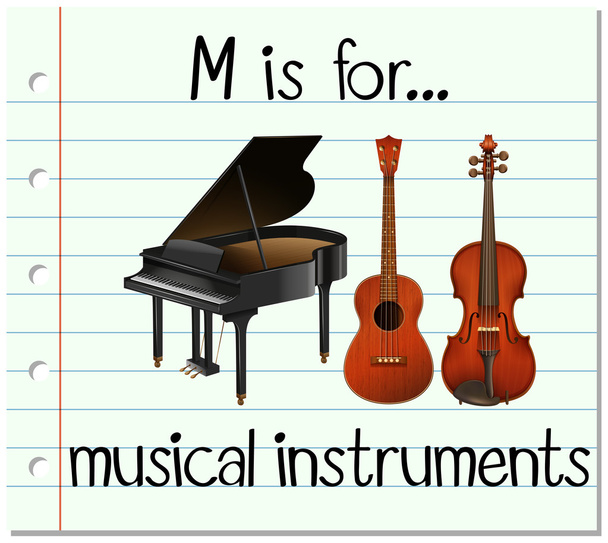 Tanulókártya M betű van a zene - Vektor, kép