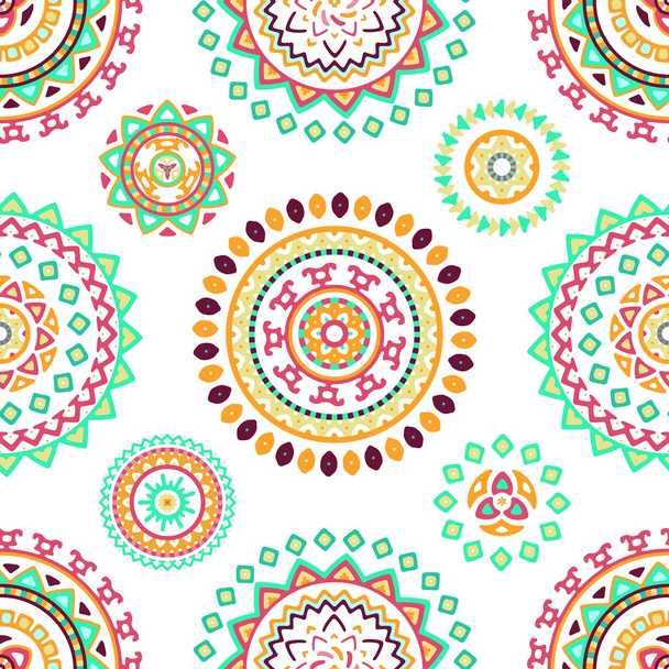 Patrón sin costuras de brillantes elementos decorativos geométricos redondos étnicos coloridos
 - Vector, Imagen