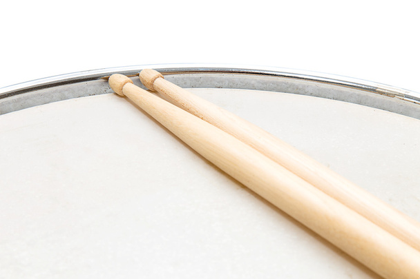 Wood snare drum and drumsticks isolated - Photo, Image