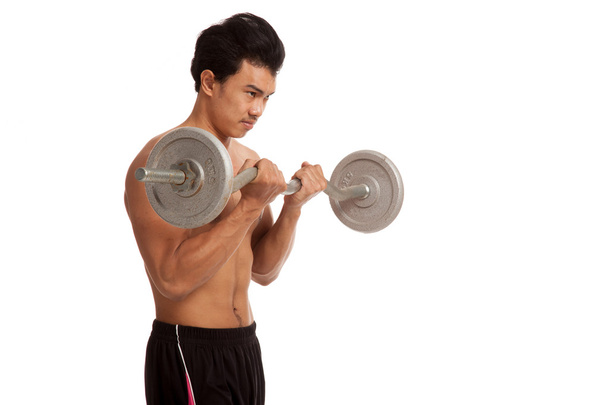 Musclé asiatique homme avec haltère
 - Photo, image