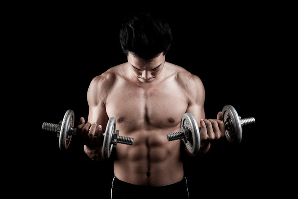 Muscular homem asiático com haltere
 - Foto, Imagem