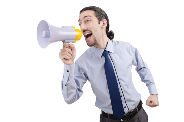 Hombre gritando y gritando con altavoz
 - Foto, imagen