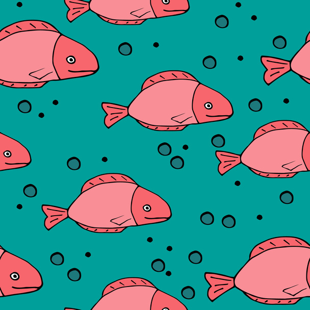 dekorativ gezeichnetes Muster mit lustigen Fischen. nahtloser maritimer Hintergrund. Gewebestruktur - Vektor, Bild